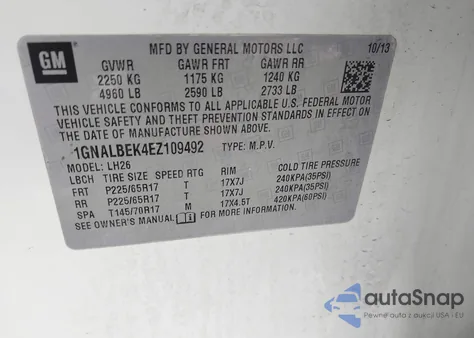 2014 Chevrolet Equinox 1Lt z USA, uszkodzony, nr VIN 1GNALBEK4EZ109492